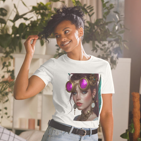 Steampunk Fairy T Shirt | Pink Crystal Goggles Portrait | Brass Clockwork Jewelry | Fantasy Streetwear Tee