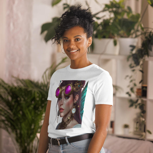 Steampunk Fairy T Shirt | Pink Crystal Goggles Portrait | Brass Clockwork Jewelry | Fantasy Streetwear Tee