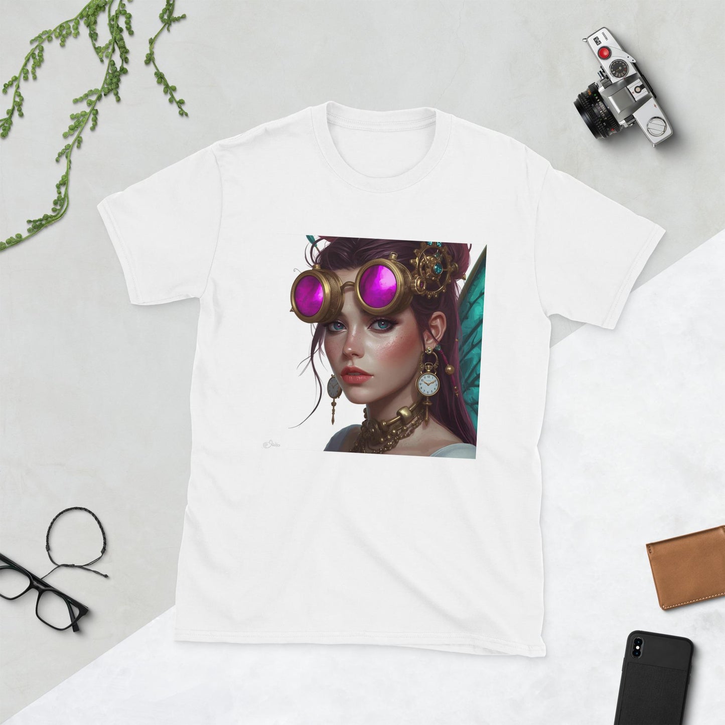 Steampunk Fairy T Shirt | Pink Crystal Goggles Portrait | Brass Clockwork Jewelry | Fantasy Streetwear Tee