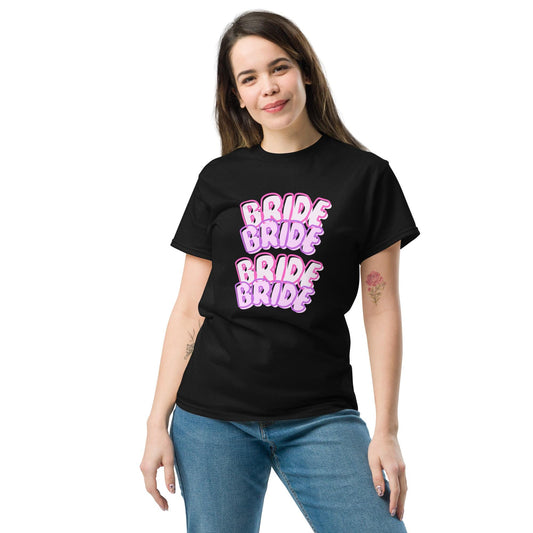 BRIDE BRIDE Stacked T-Shirt | Bachelorette Hen Party Shirt | Cute Bubble Letter Bride Tee | Pink Light Pink White Black | Bridal Party