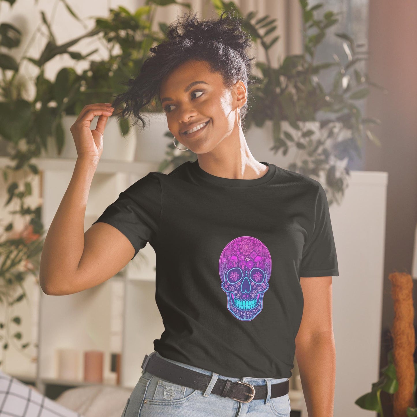 Neon Skull T-Shirt, Vaporwave Glow Skull Graphic Tee, Unisex Streetwear Shirt, Festival Party Top, Bold Colors, S3XL