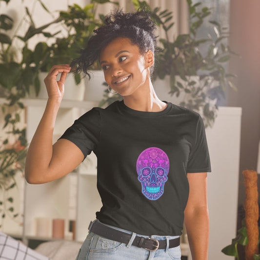 Neon Skull T-Shirt, Vaporwave Glow Skull Graphic Tee, Unisex Streetwear Shirt, Festival Party Top, Bold Colors, S3XL