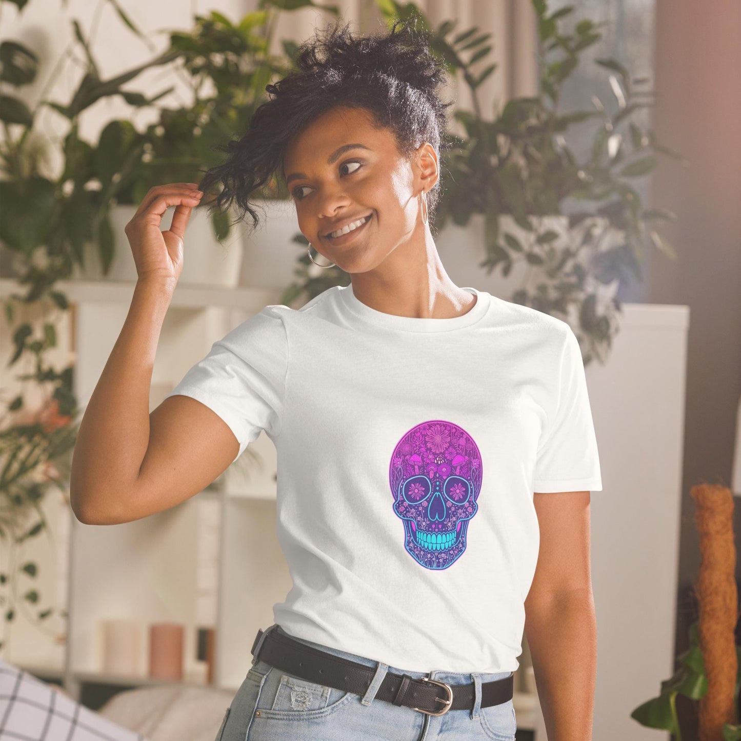 Neon Skull T-Shirt, Vaporwave Glow Skull Graphic Tee, Unisex Streetwear Shirt, Festival Party Top, Bold Colors, S3XL