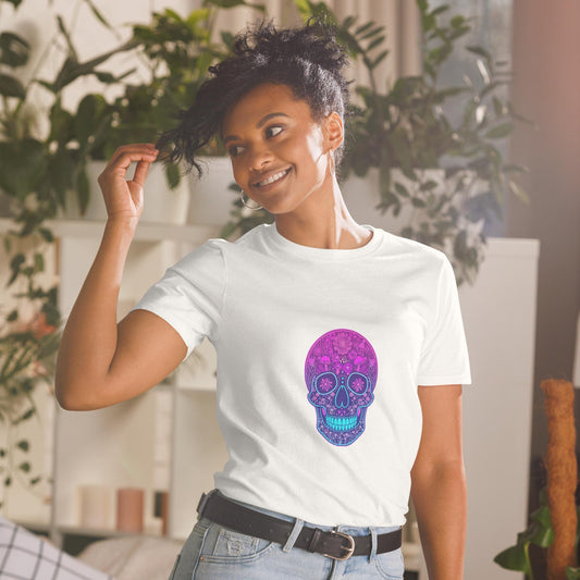 Neon Skull T-Shirt, Vaporwave Glow Skull Graphic Tee, Unisex Streetwear Shirt, Festival Party Top, Bold Colors, S3XL