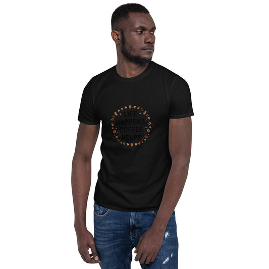 Life Happens Coffee Helps T-Shirt, Coffee Lover Tee with Coffee Beans, Unisex Softstyle Shirt, Barista Gift, Minimal Typography, S3XL
