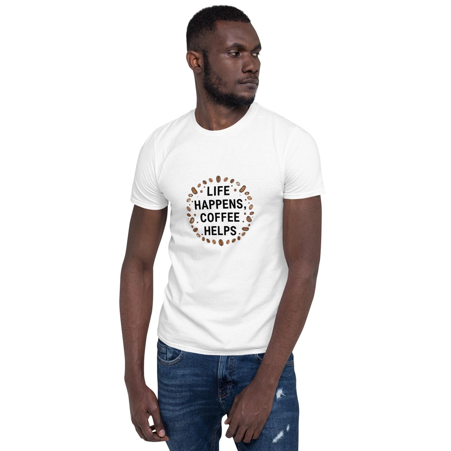 Life Happens Coffee Helps T-Shirt, Coffee Lover Tee with Coffee Beans, Unisex Softstyle Shirt, Barista Gift, Minimal Typography, S3XL