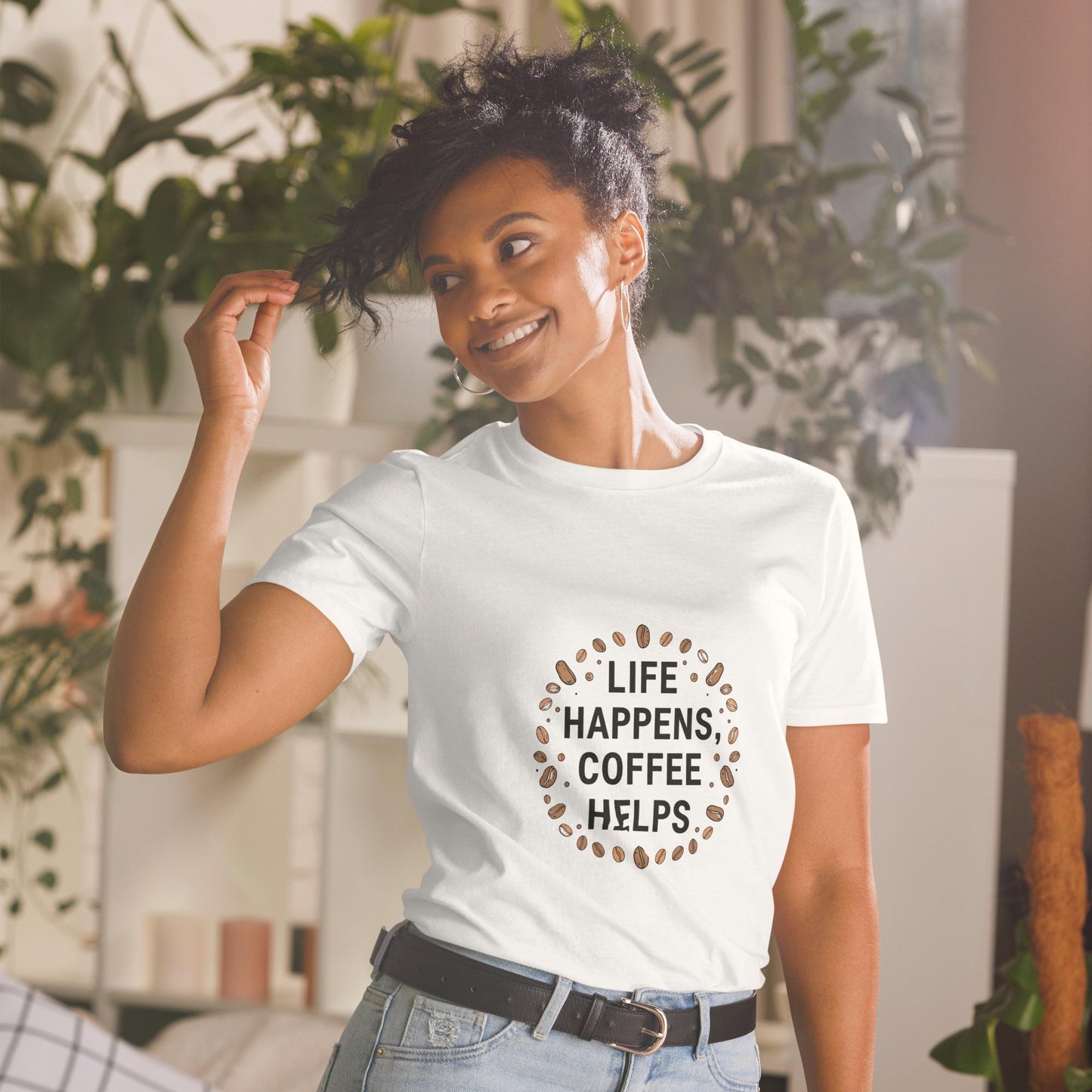 Life Happens Coffee Helps T-Shirt, Coffee Lover Tee with Coffee Beans, Unisex Softstyle Shirt, Barista Gift, Minimal Typography, S3XL