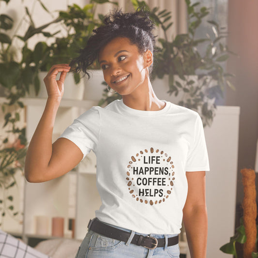 Life Happens Coffee Helps T-Shirt, Coffee Lover Tee with Coffee Beans, Unisex Softstyle Shirt, Barista Gift, Minimal Typography, S3XL