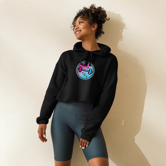 Neon Dumbbell Crop Hoodie, Womens Cropped Gym Hoodie, Soft Fleece, Dropped Shoulders, Raw Hem, Athleisure Gift, XS2XL