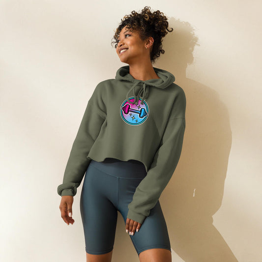 Neon Dumbbell Crop Hoodie, Womens Cropped Gym Hoodie, Soft Fleece, Dropped Shoulders, Raw Hem, Athleisure Gift, XS2XL