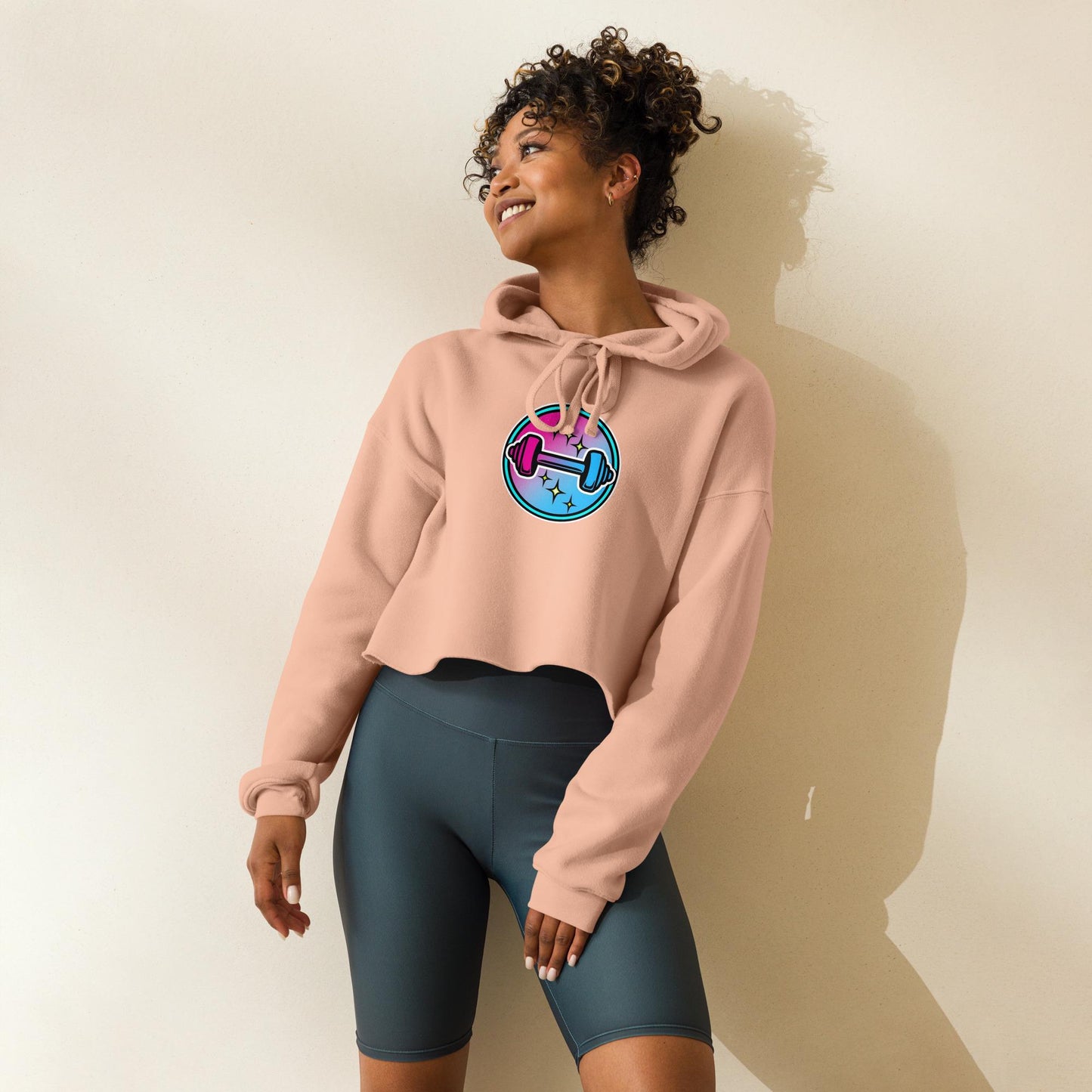 Neon Dumbbell Crop Hoodie, Womens Cropped Gym Hoodie, Soft Fleece, Dropped Shoulders, Raw Hem, Athleisure Gift, XS2XL