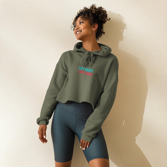 Lift Heavy Love Hard Crop Hoodie, Womens Cropped Gym Hoodie, Long-Sleeve Athleisure, Soft Fleece, Dropped Shoulders & Raw Hem, XS2XL