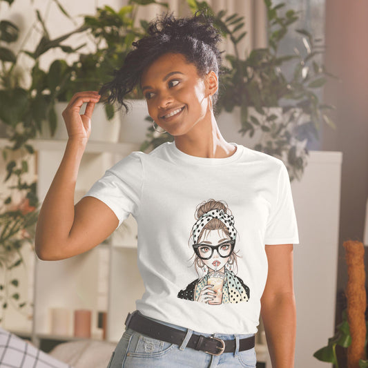 Trendy Retro Girl T-Shirt  Cute Fashion Illustration Tee with Polkadot Style | Aesthetic Casual Outfit Top for Women