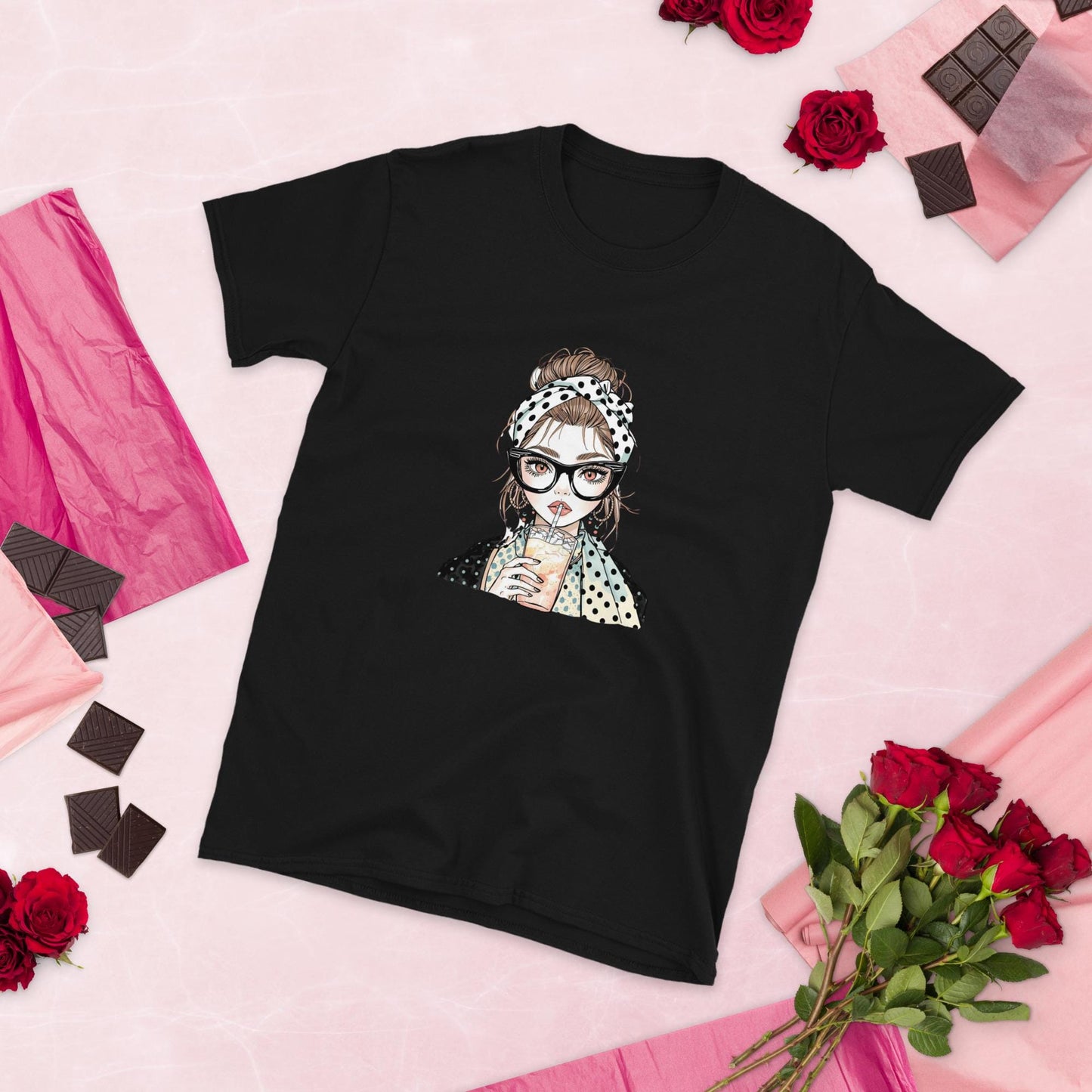 Trendy Retro Girl T-Shirt  Cute Fashion Illustration Tee with Polkadot Style | Aesthetic Casual Outfit Top for Women