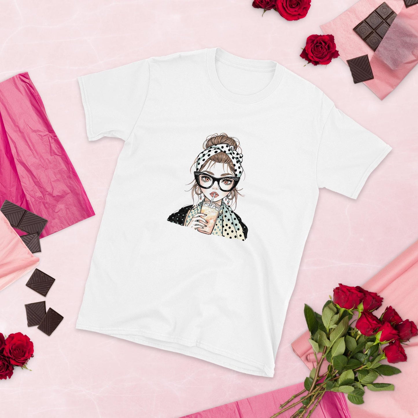 Trendy Retro Girl T-Shirt  Cute Fashion Illustration Tee with Polkadot Style | Aesthetic Casual Outfit Top for Women