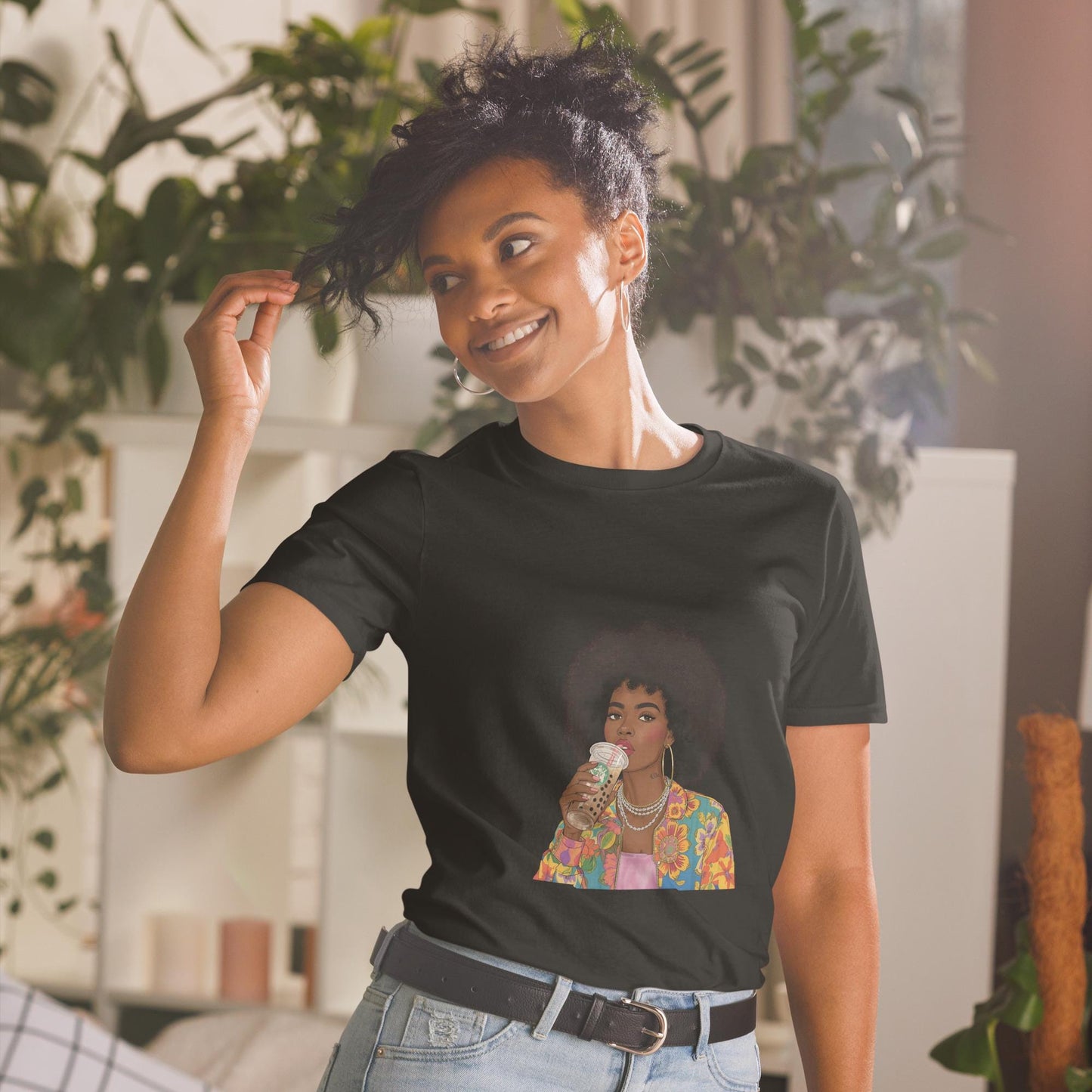 Trendy Afro Girl T-Shirt  Colorful Fashion Illustration Tee with Bubble Tea | Aesthetic Black Woman Graphic Shirt
