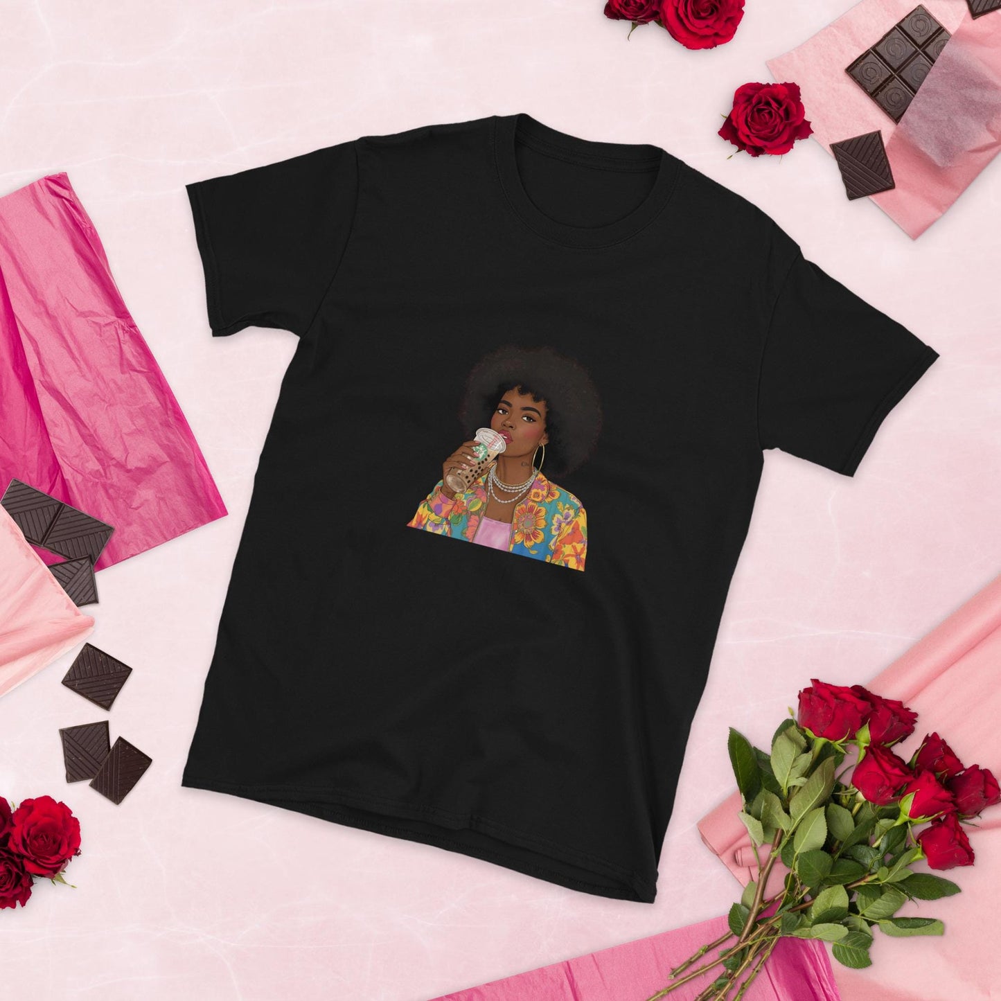 Trendy Afro Girl T-Shirt  Colorful Fashion Illustration Tee with Bubble Tea | Aesthetic Black Woman Graphic Shirt
