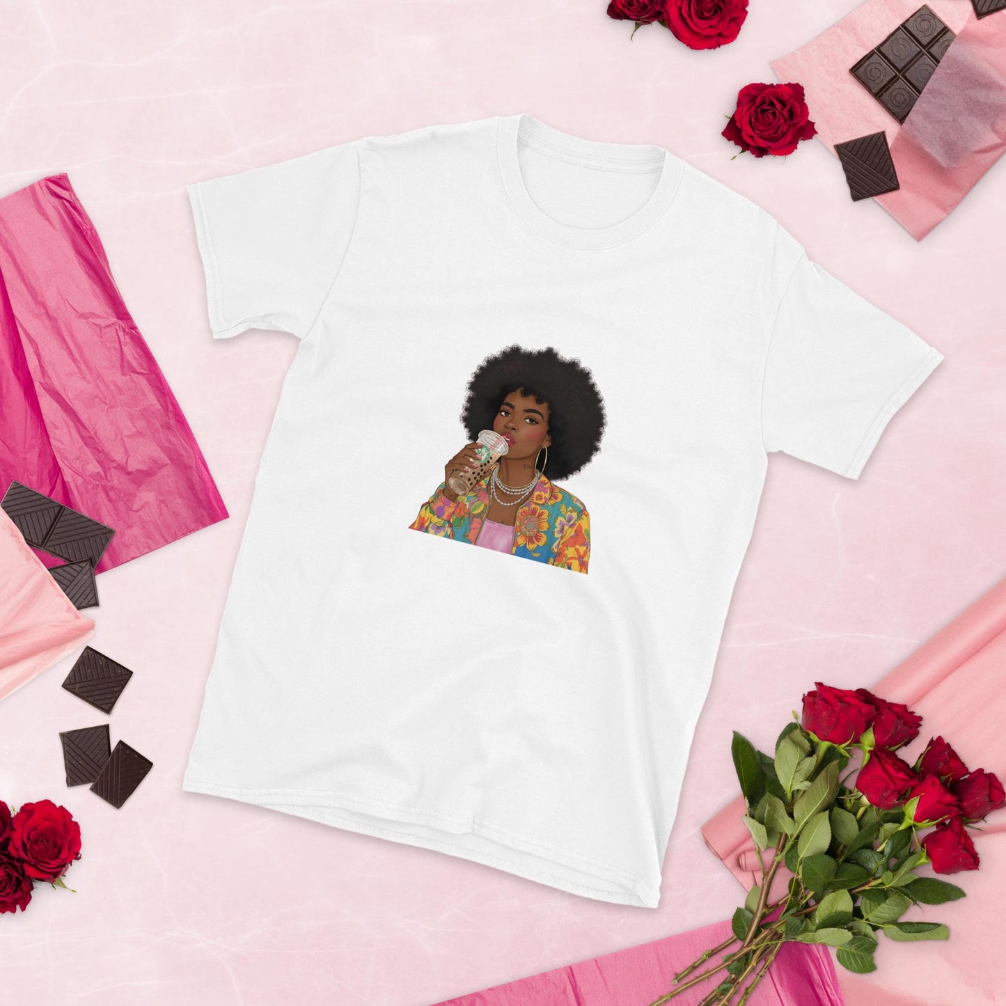 Trendy Afro Girl T-Shirt  Colorful Fashion Illustration Tee with Bubble Tea | Aesthetic Black Woman Graphic Shirt