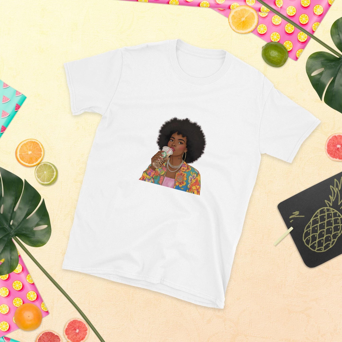 Trendy Afro Girl T-Shirt  Colorful Fashion Illustration Tee with Bubble Tea | Aesthetic Black Woman Graphic Shirt