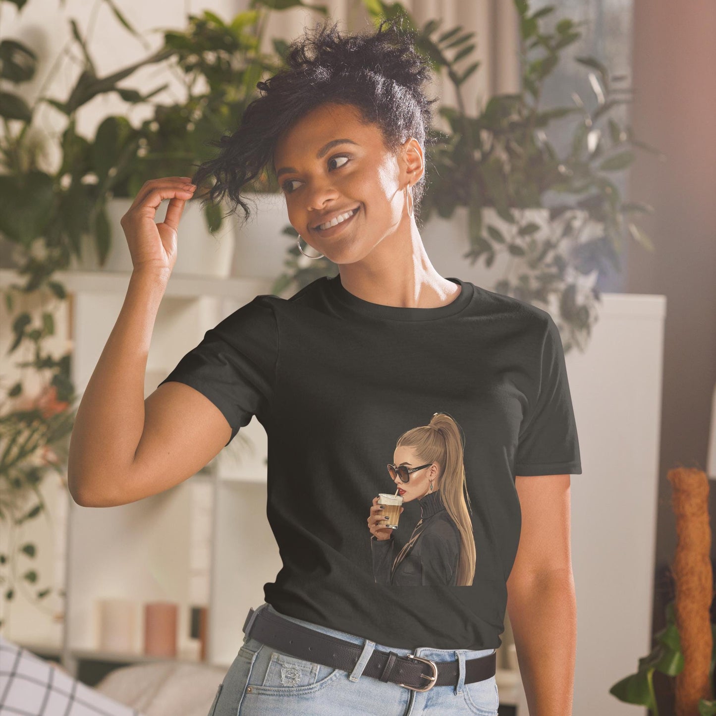 Chic Coffee Girl T-Shirt  Fashion Illustration Tee with Sunglasses and Ponytail | Aesthetic Parisian Style Graphic Shirt