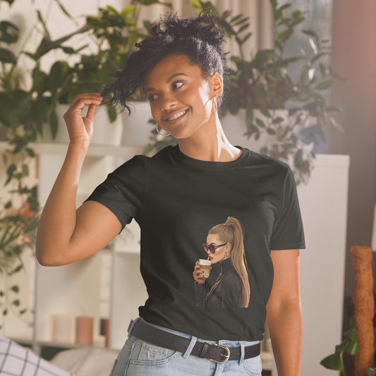 Chic Coffee Girl T-Shirt  Fashion Illustration Tee with Sunglasses and Ponytail | Aesthetic Parisian Style Graphic Shirt
