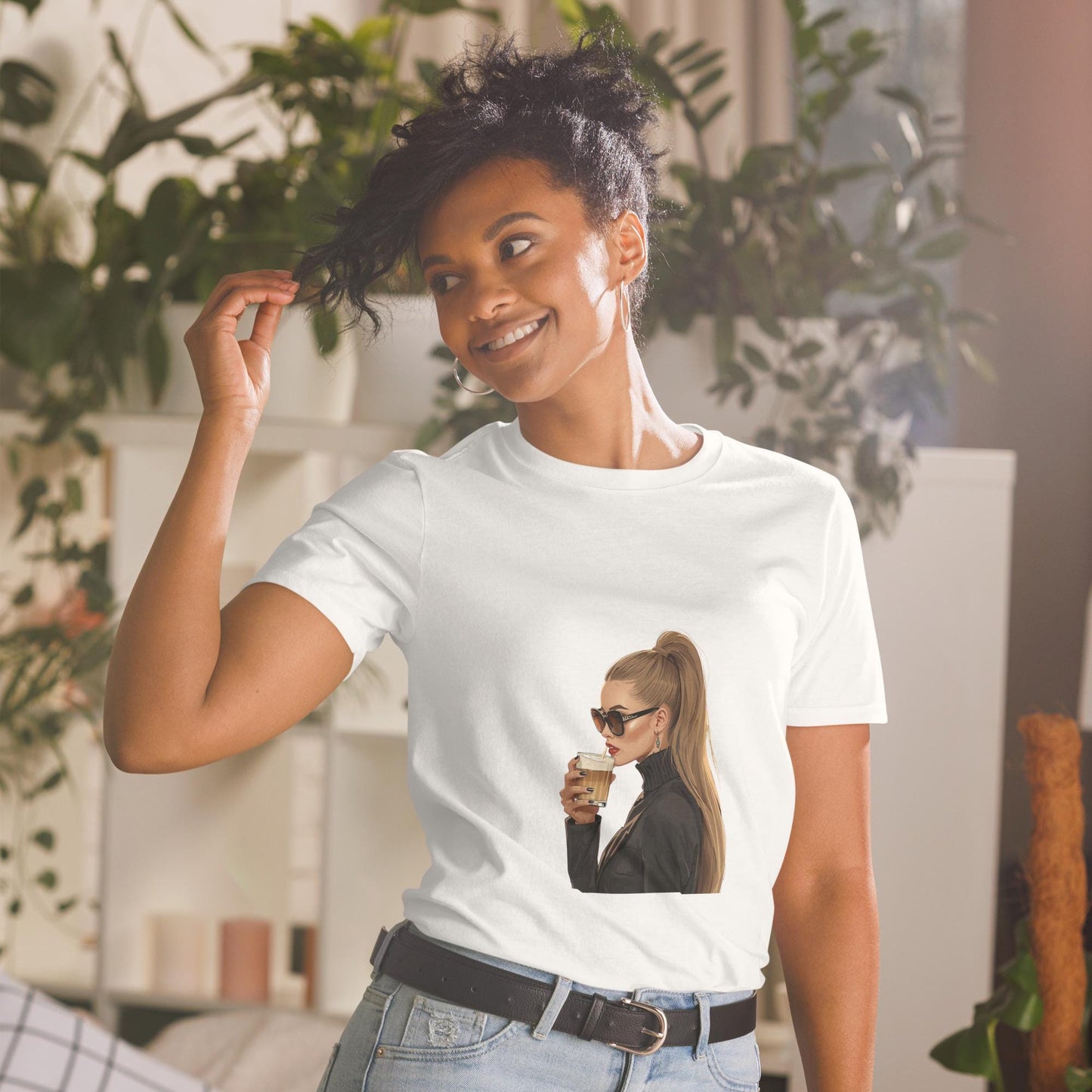 Chic Coffee Girl T-Shirt  Fashion Illustration Tee with Sunglasses and Ponytail | Aesthetic Parisian Style Graphic Shirt