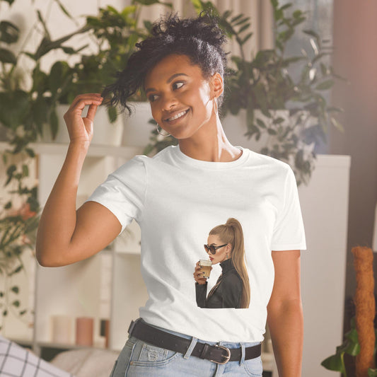 Chic Coffee Girl T-Shirt  Fashion Illustration Tee with Sunglasses and Ponytail | Aesthetic Parisian Style Graphic Shirt