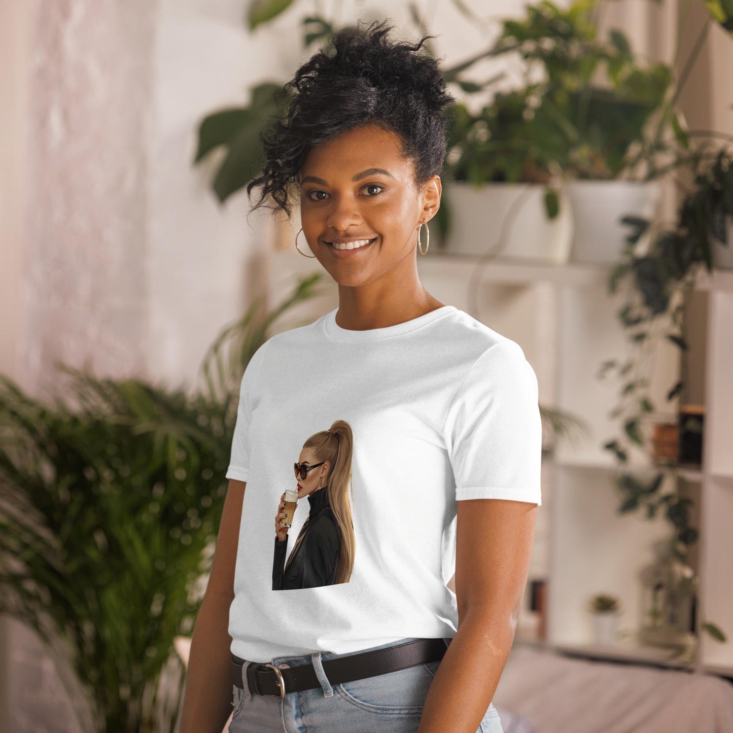 Chic Coffee Girl T-Shirt  Fashion Illustration Tee with Sunglasses and Ponytail | Aesthetic Parisian Style Graphic Shirt