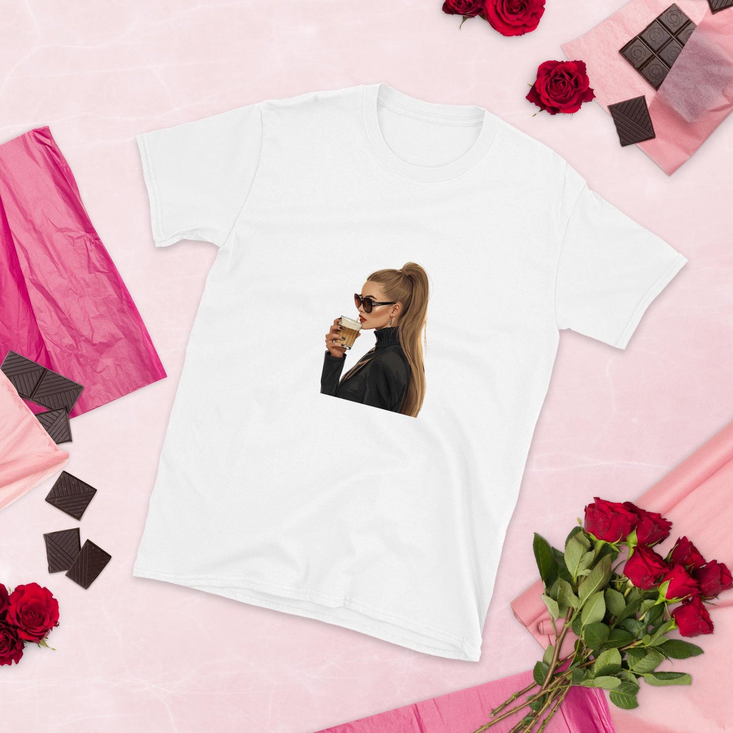 Chic Coffee Girl T-Shirt  Fashion Illustration Tee with Sunglasses and Ponytail | Aesthetic Parisian Style Graphic Shirt