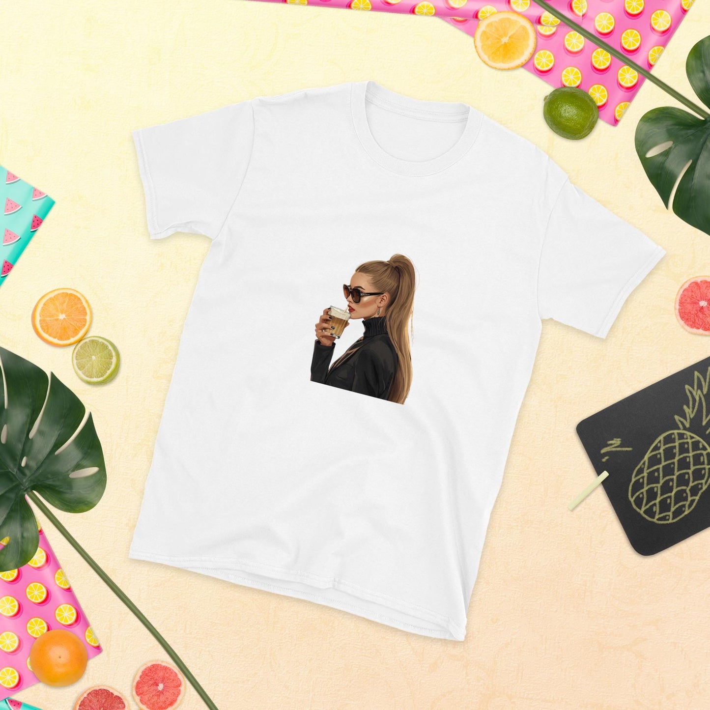 Chic Coffee Girl T-Shirt  Fashion Illustration Tee with Sunglasses and Ponytail | Aesthetic Parisian Style Graphic Shirt