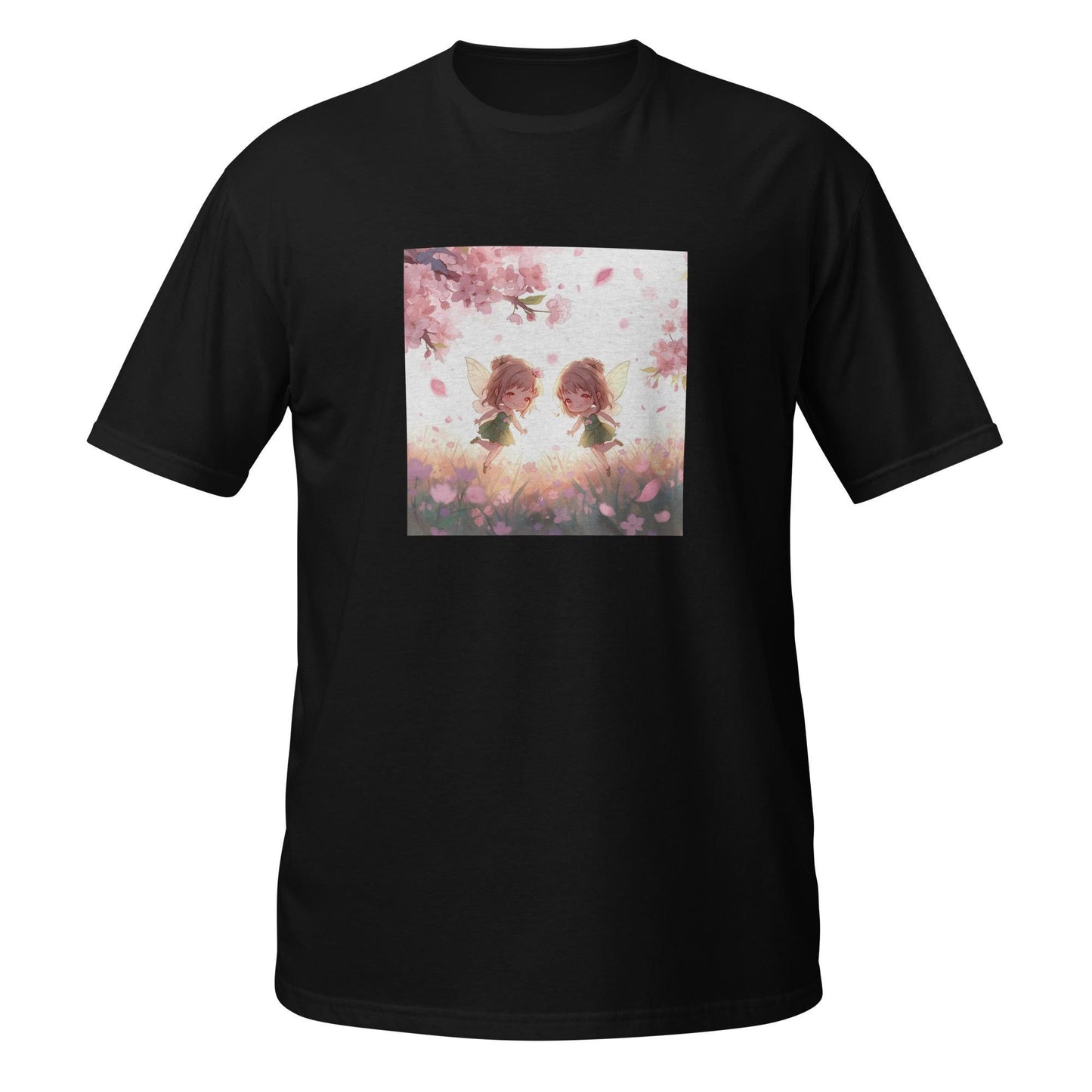 Twin Fairies Blossom T-Shirt | Fairycore Kawaii Graphic | Cherry Blossom Pastel | Black or White
