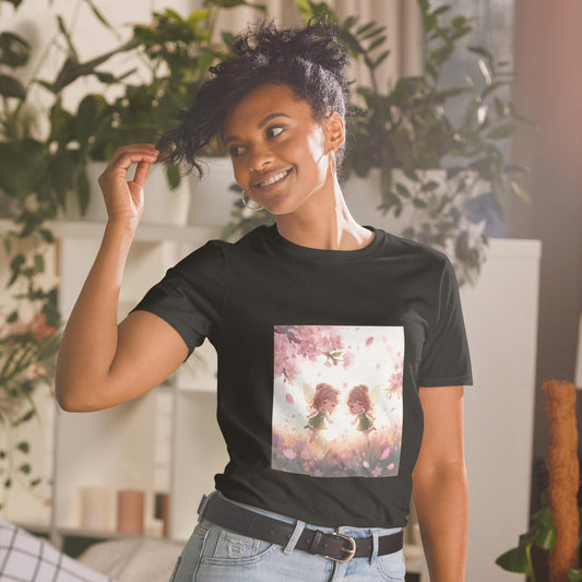 Twin Fairies Blossom T-Shirt | Fairycore Kawaii Graphic | Cherry Blossom Pastel | Black or White