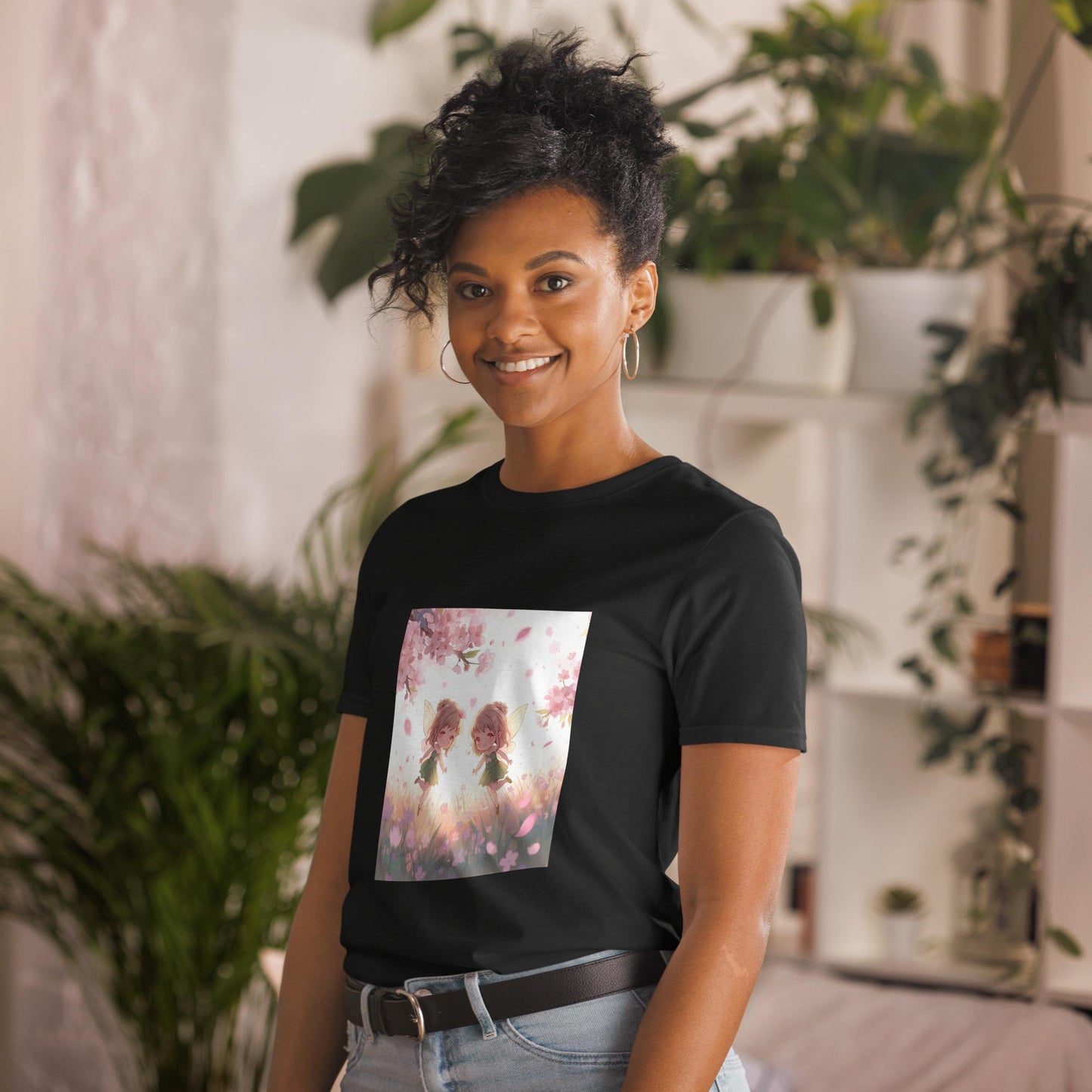 Twin Fairies Blossom T-Shirt | Fairycore Kawaii Graphic | Cherry Blossom Pastel | Black or White