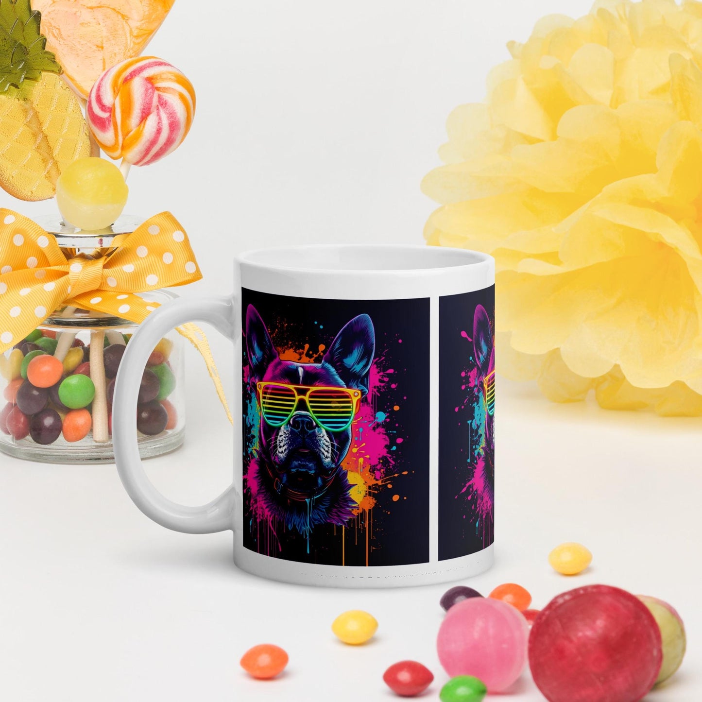 Neon Rainbow Dog Mug | Retro Sunglasses Pup | Dishwasher & Microwave Safe