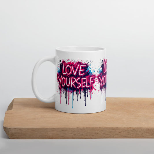 Love Yourself Mug | Neon Graffiti Affirmation Cup | Dishwasher & Microwave Safe