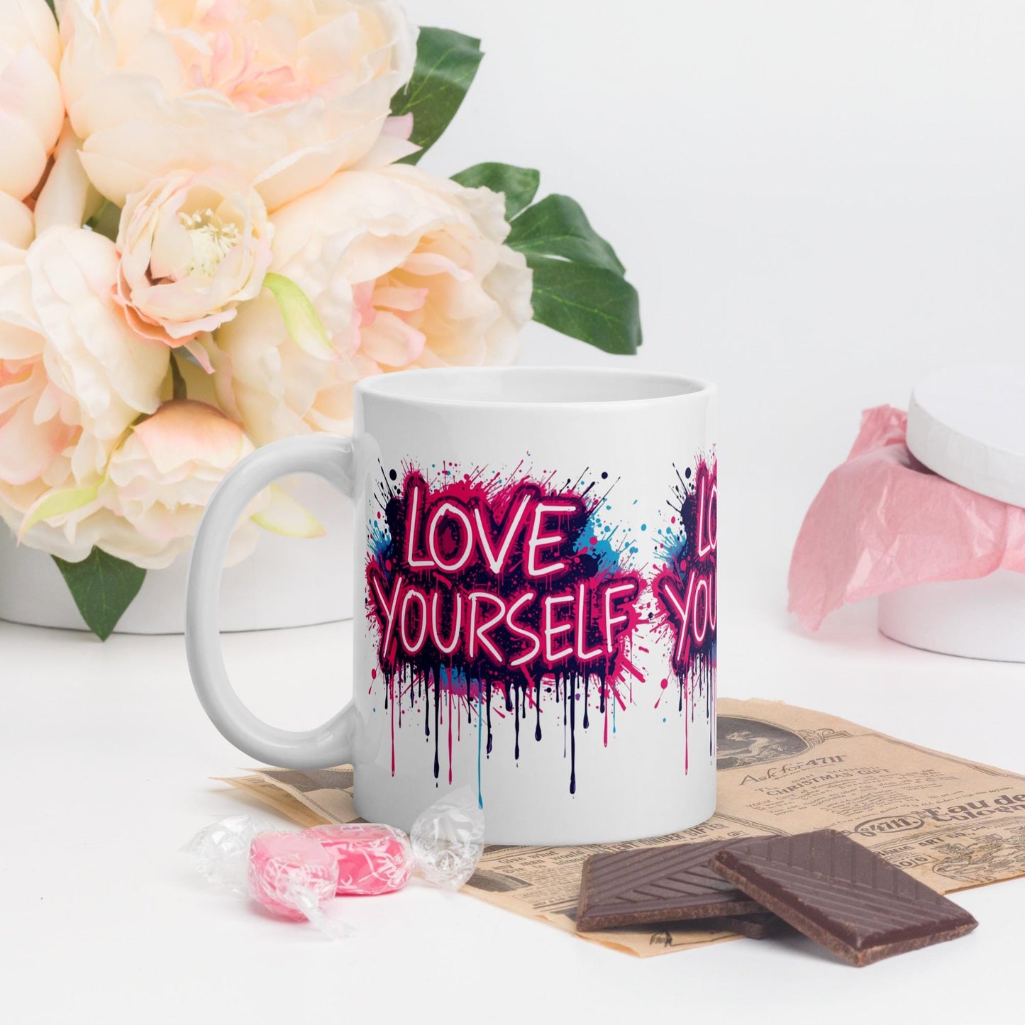 Love Yourself Mug | Neon Graffiti Affirmation Cup | Dishwasher & Microwave Safe