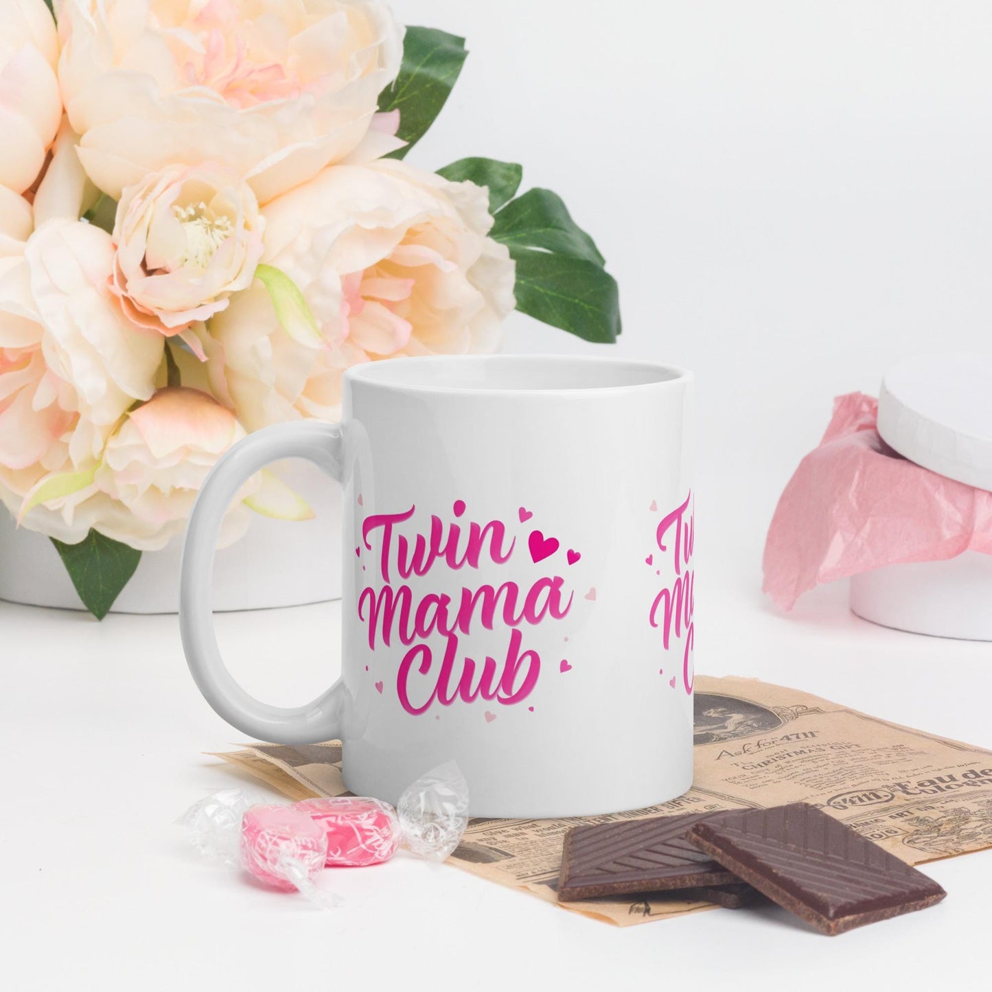 Twin Mama Club Mug | Pink Hearts Mom of Twins Cup | Dishwasher & Microwave Safe