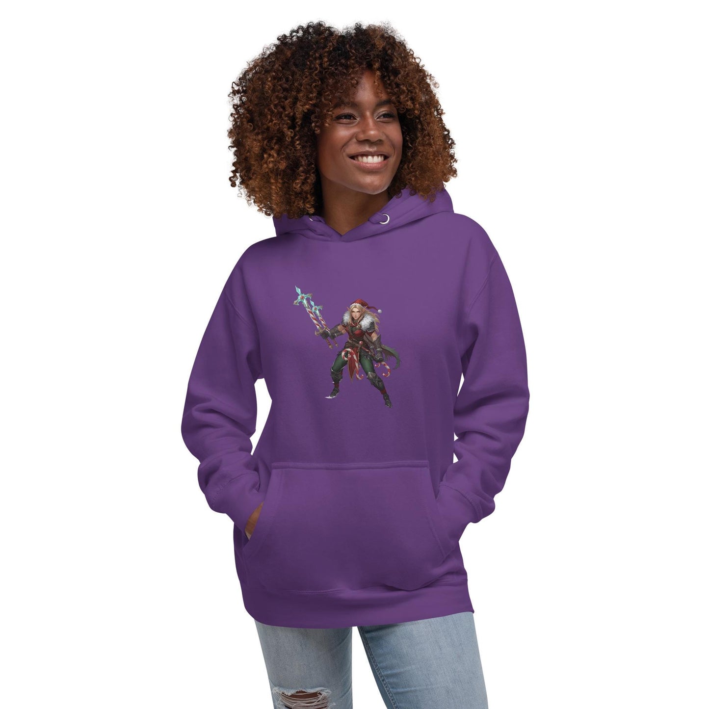 Fantasy Christmas Elf Warrior Hoodie | Unisex Holiday Sweatshirt | Candy Cane Spear Graphic