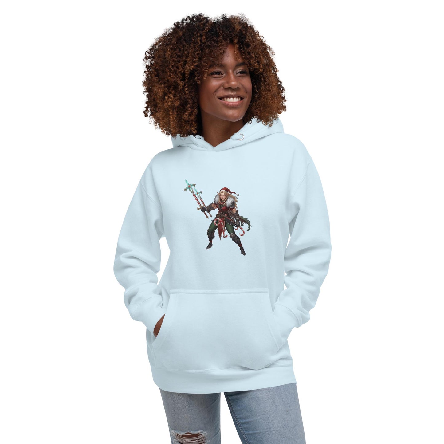 Fantasy Christmas Elf Warrior Hoodie | Unisex Holiday Sweatshirt | Candy Cane Spear Graphic
