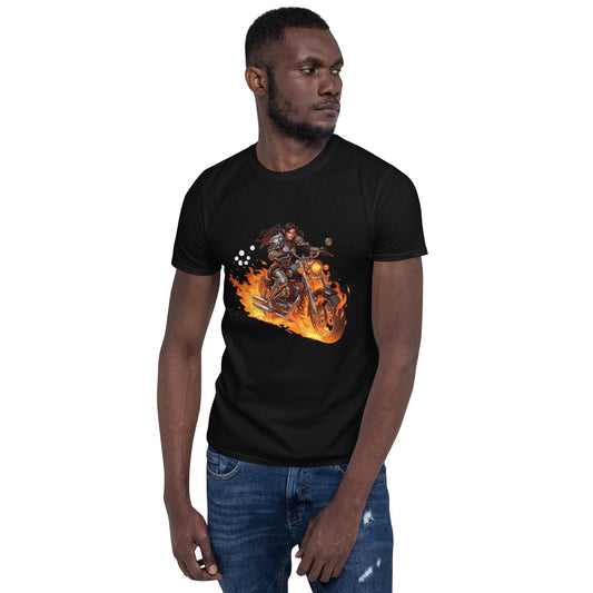 Fire Rider Warrior T-Shirt | Fantasy Moto Flaming Bike Graphic | Unisex Streetwear Tee | Black or White
