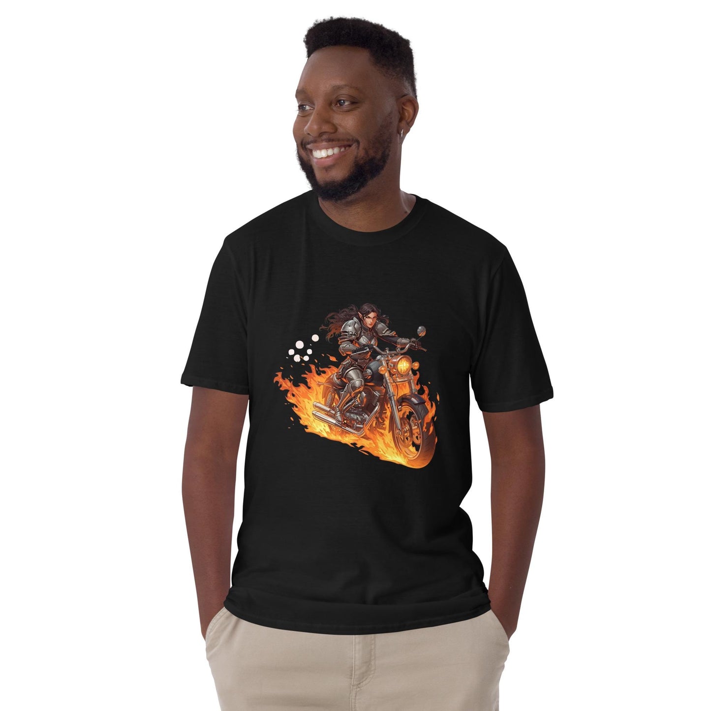 Fire Rider Warrior T-Shirt | Fantasy Moto Flaming Bike Graphic | Unisex Streetwear Tee | Black or White