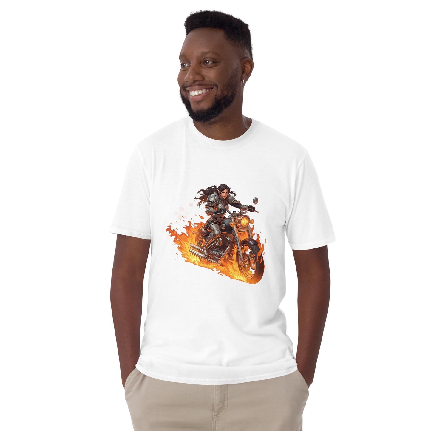 Fire Rider Warrior T-Shirt | Fantasy Moto Flaming Bike Graphic | Unisex Streetwear Tee | Black or White