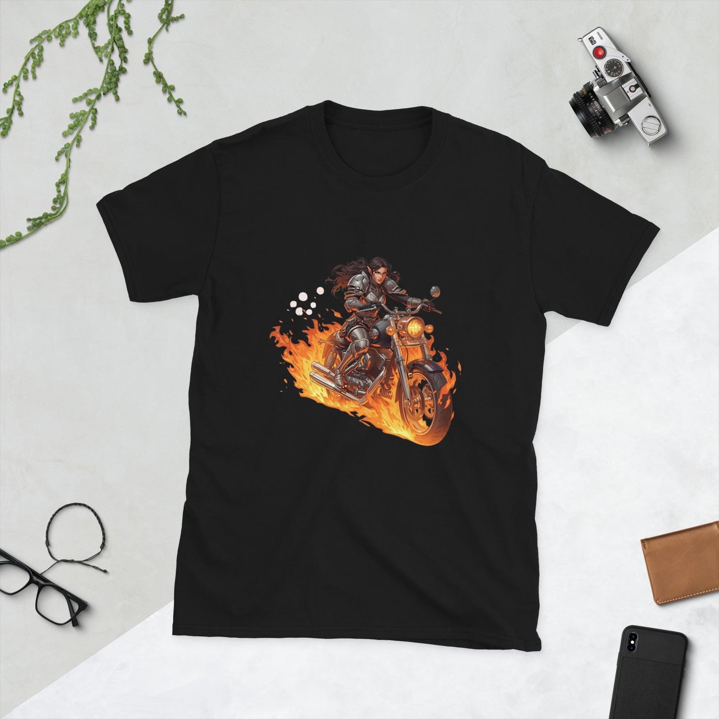 Fire Rider Warrior T-Shirt | Fantasy Moto Flaming Bike Graphic | Unisex Streetwear Tee | Black or White