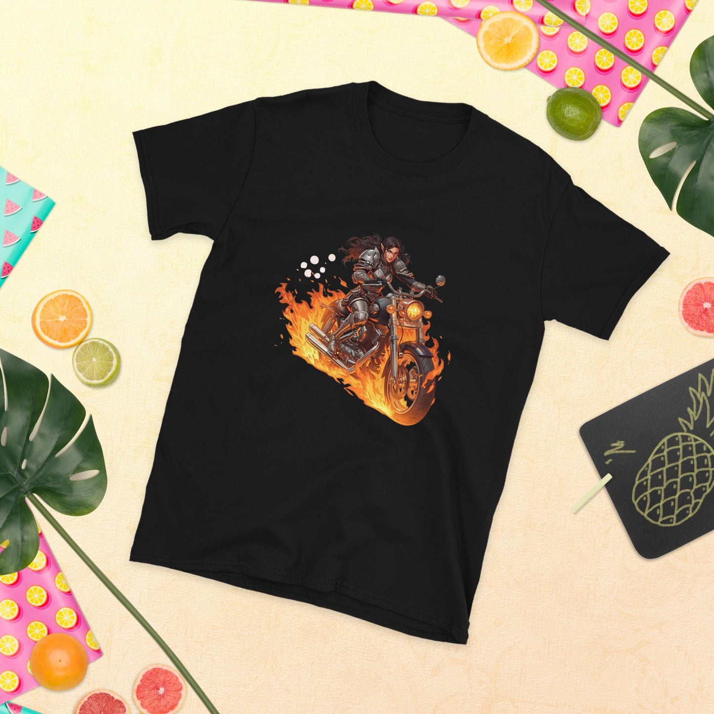 Fire Rider Warrior T-Shirt | Fantasy Moto Flaming Bike Graphic | Unisex Streetwear Tee | Black or White