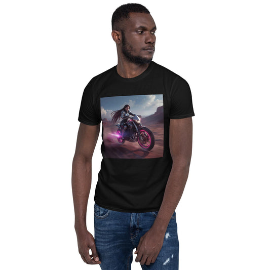 Neon Desert Rider T-Shirt | Fantasy Moto Pink Glow Bike | Unisex Streetwear Tee | Black or White