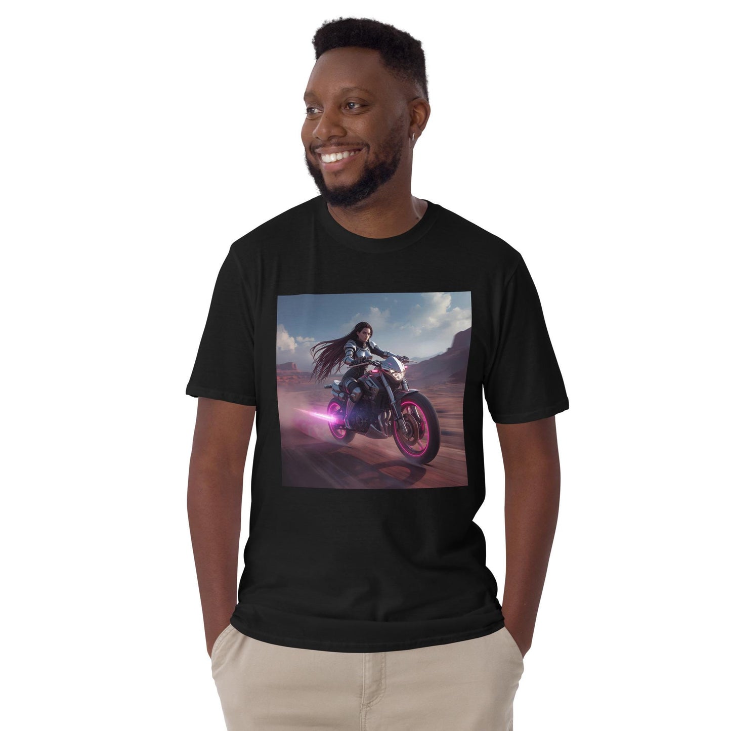 Neon Desert Rider T-Shirt | Fantasy Moto Pink Glow Bike | Unisex Streetwear Tee | Black or White