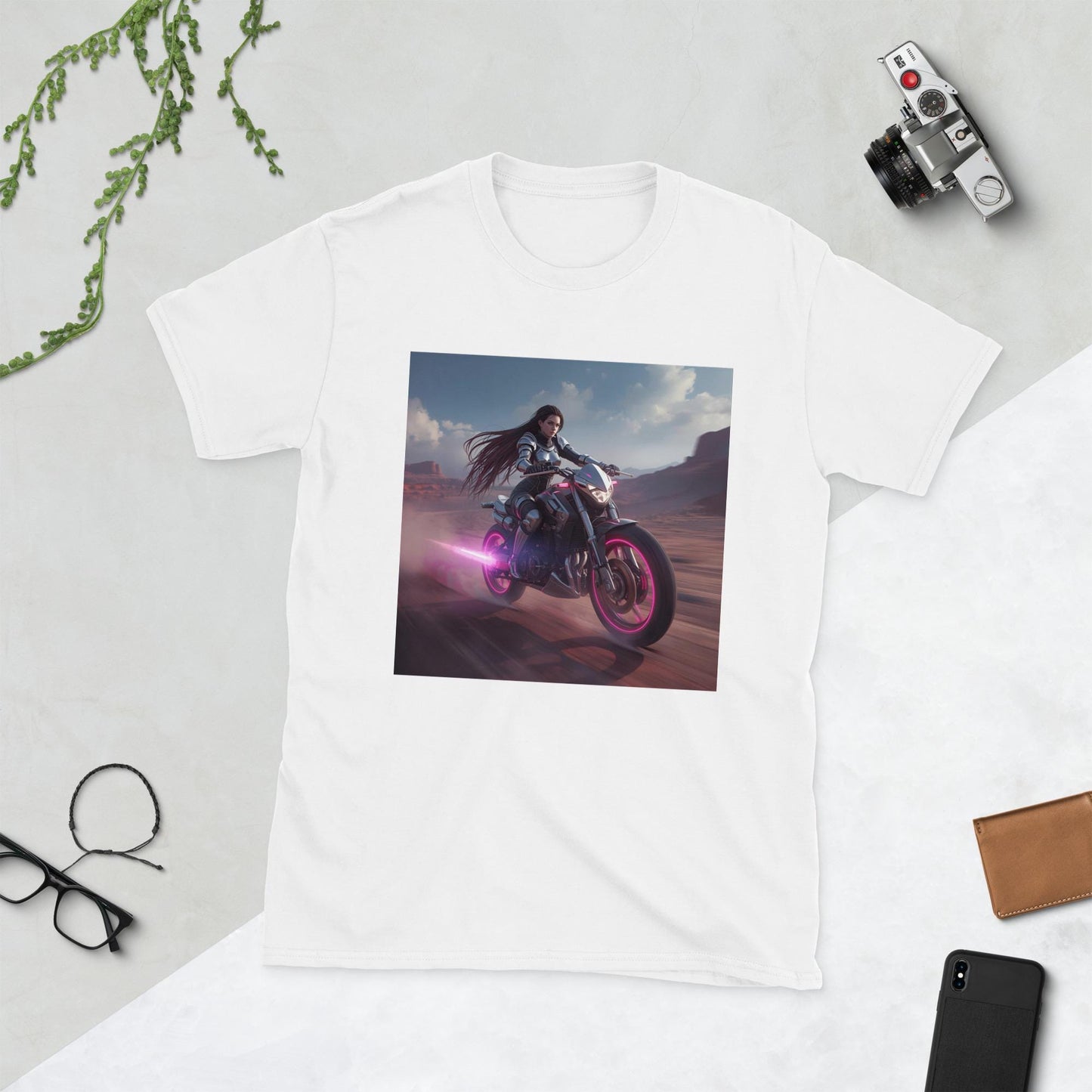 Neon Desert Rider T-Shirt | Fantasy Moto Pink Glow Bike | Unisex Streetwear Tee | Black or White