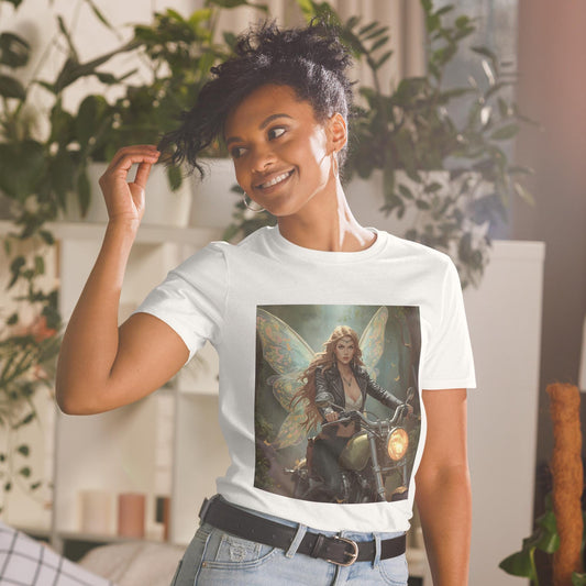 Fairy Biker T-Shirt | Leather Jacket Wings Graphic | Fantasy Moto Streetwear | Unisex Tee (Black or White)