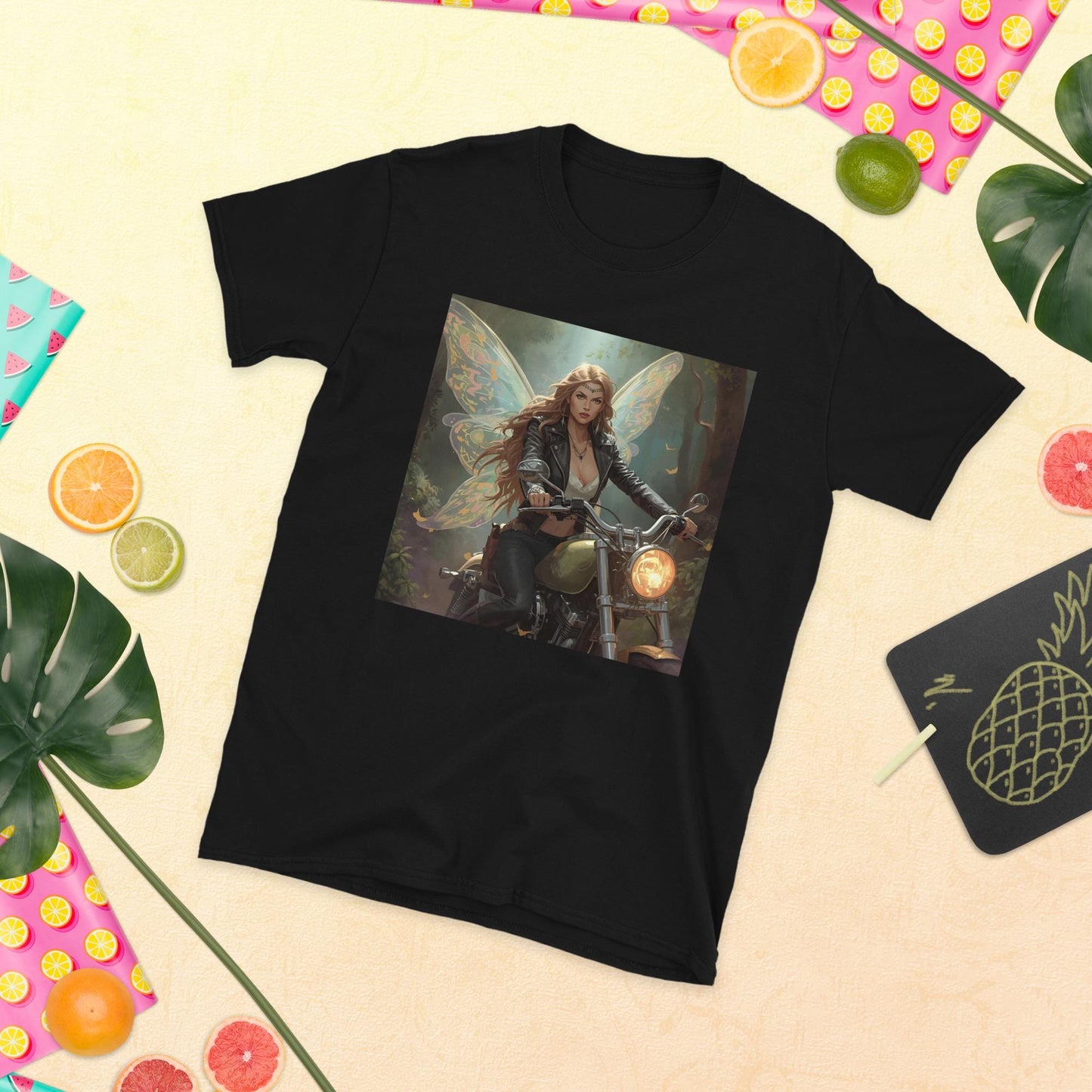 Fairy Biker T-Shirt | Leather Jacket Wings Graphic | Fantasy Moto Streetwear | Unisex Tee (Black or White)