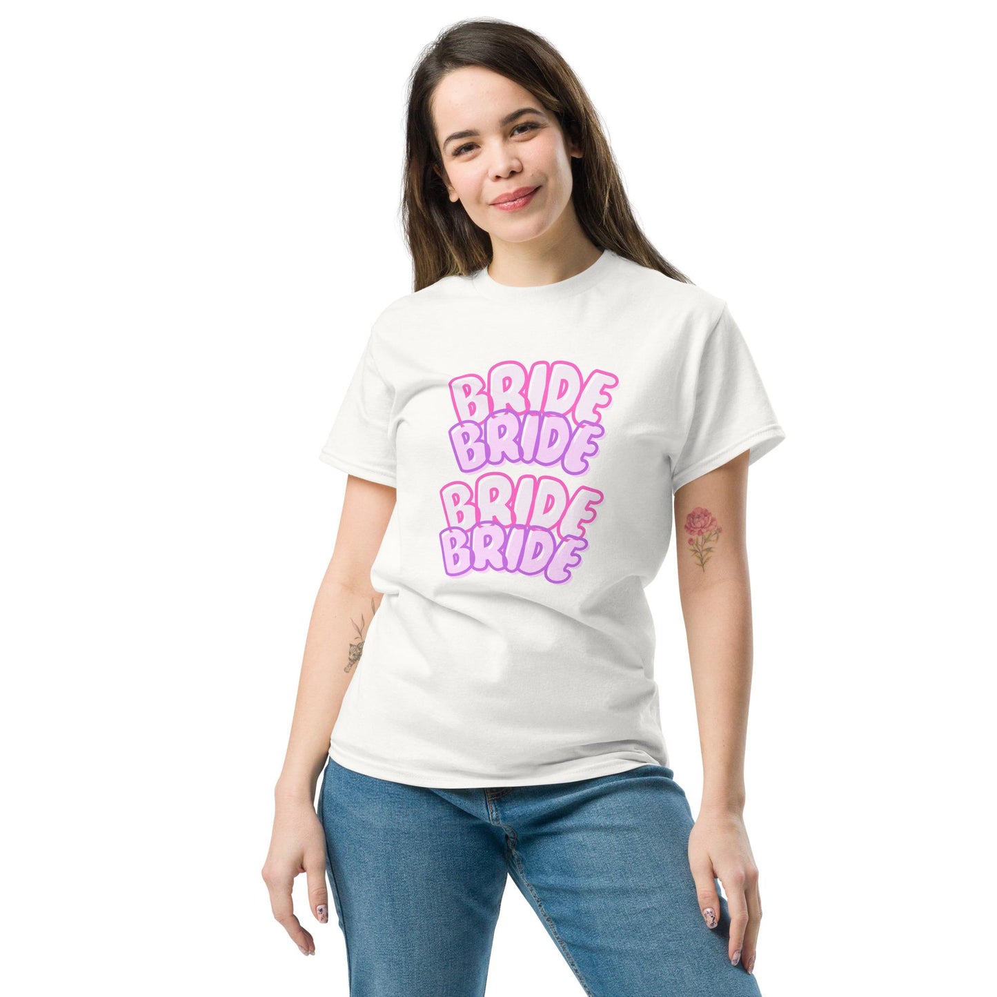BRIDE BRIDE Stacked T-Shirt | Bachelorette Hen Party Shirt | Cute Bubble Letter Bride Tee | Pink Light Pink White Black | Bridal Party